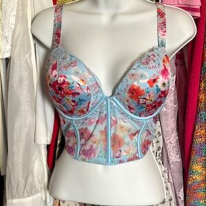 Victorias Secret Padded Push Up Rhinestone Straps Corset Bra Blue Floral